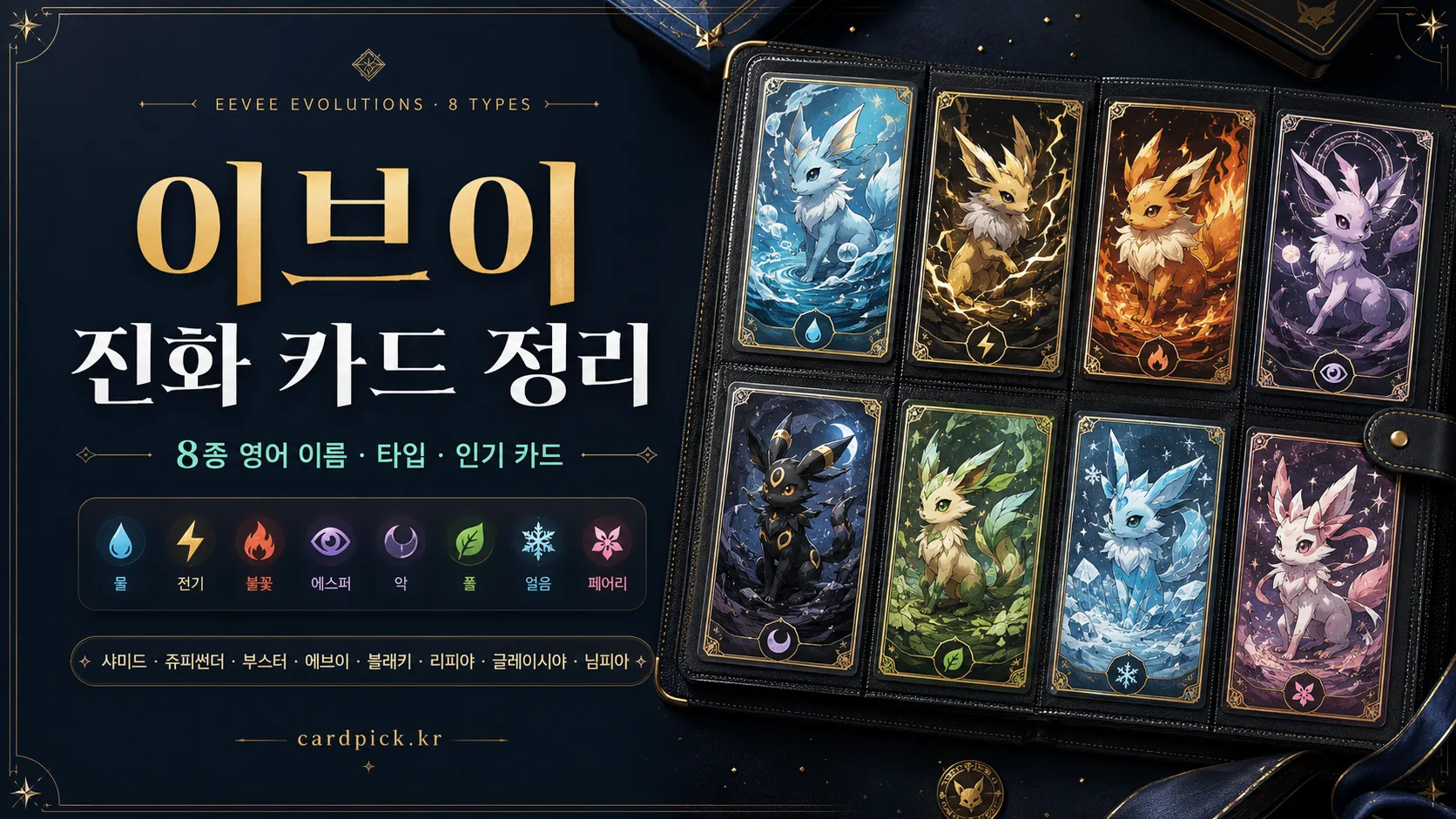 이브이 진화 종류 8종 정리: 영어 이름·타입·순서·인기 카드 썸네일